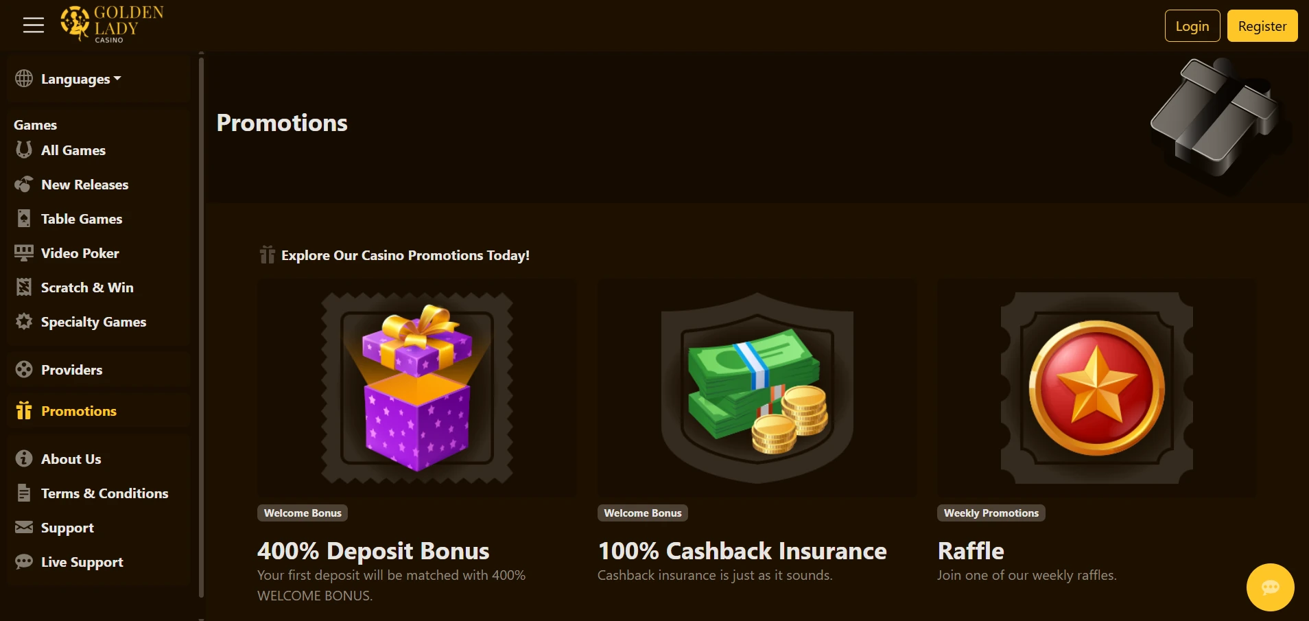 Golden Lady Casino bonus section showing the first-deposit offers