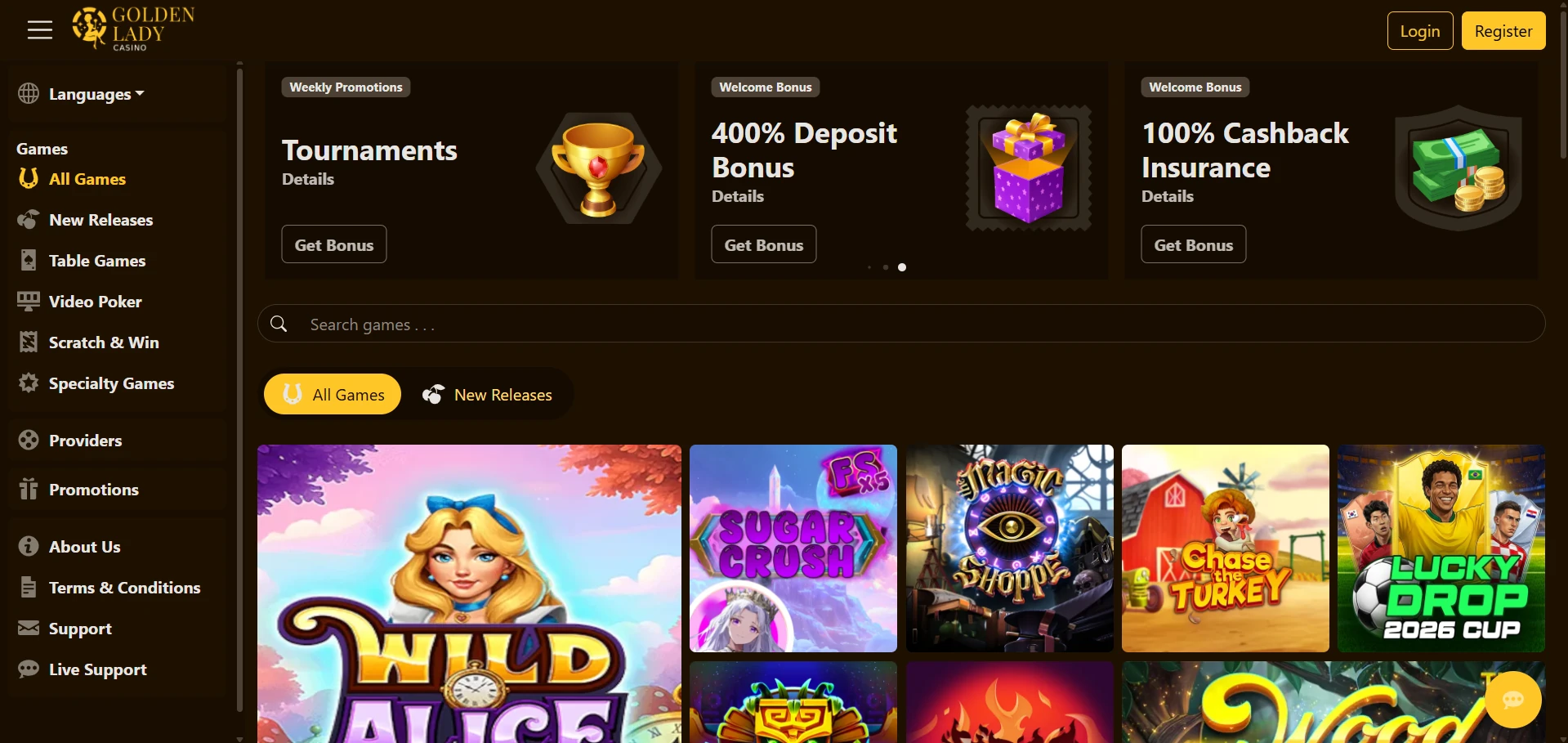 Golden Lady Casino homepage just before the account setup starts